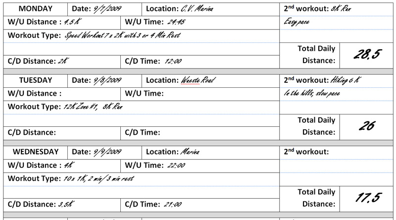 Excellence in Training - A Race Walking Specific Training Log - Daily Log